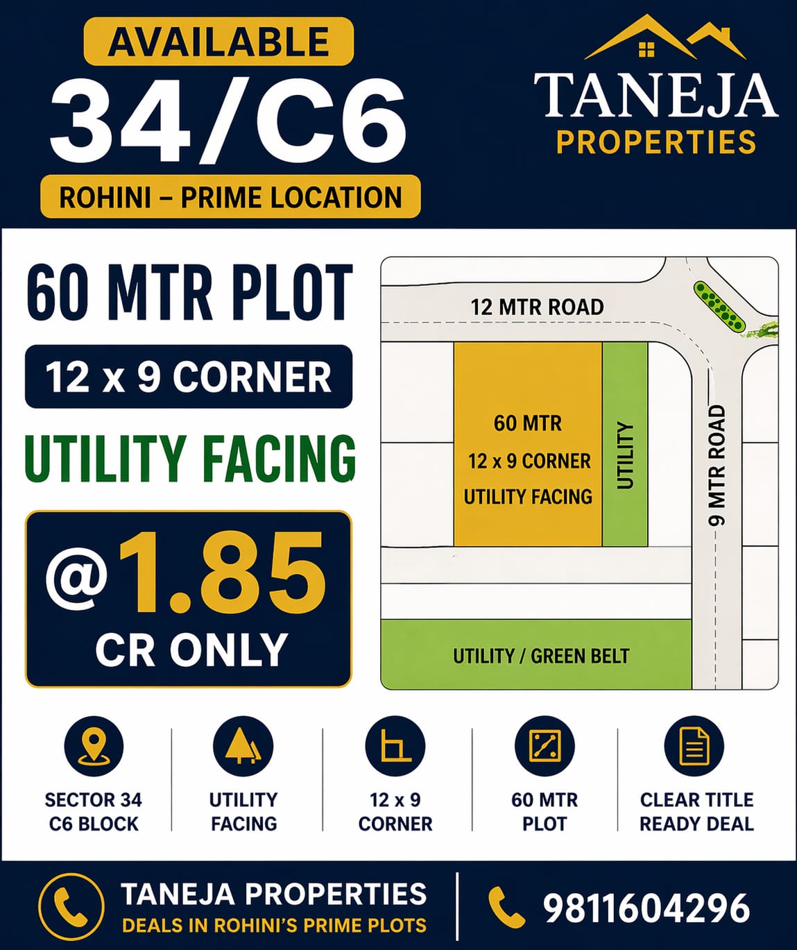 ROHINI SECTOR 34/POCKET C6/PLOT SIZE 60MTR, 12*9 CORNER ENTRY ROAD UTILITY FACING